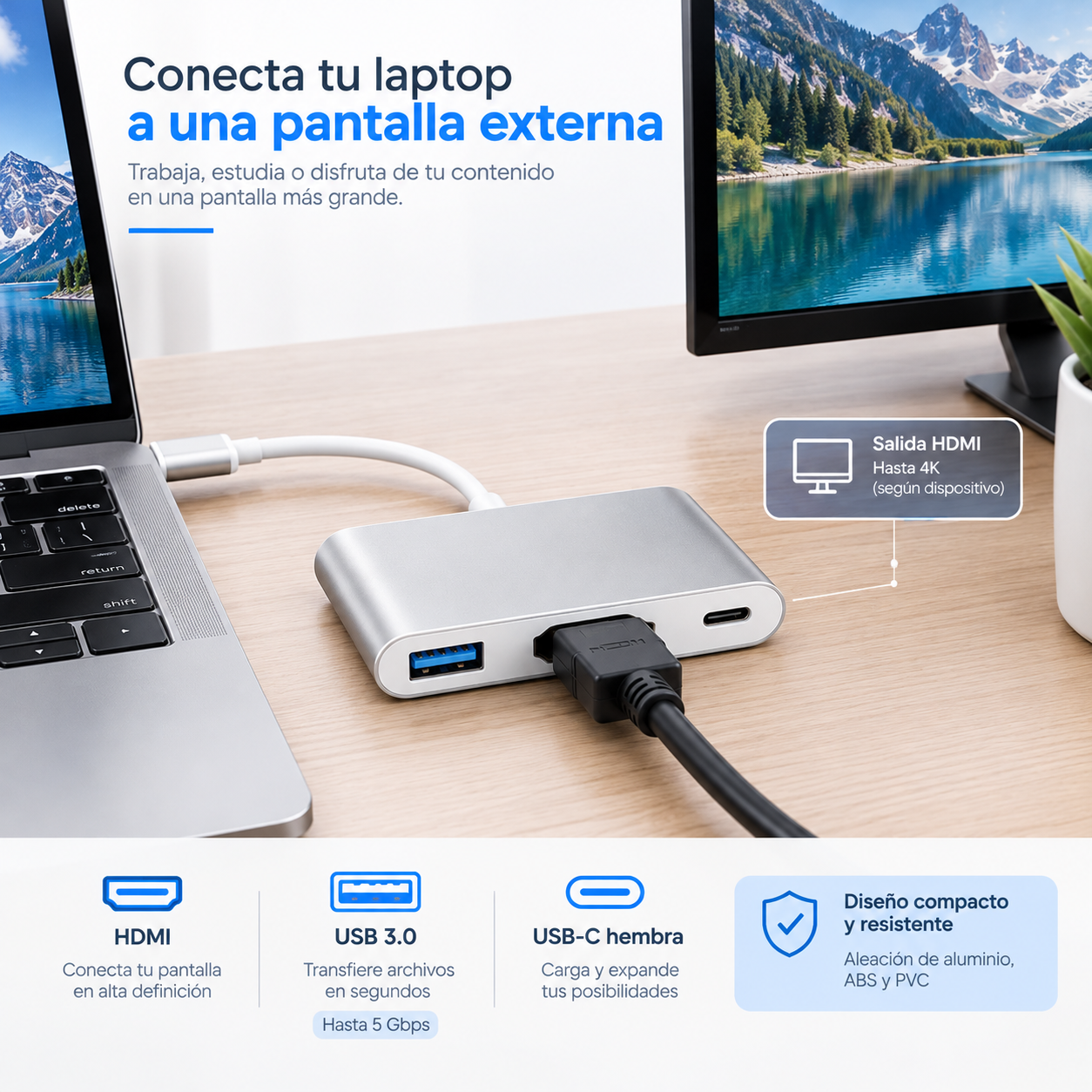 Adaptador 3 en 1 Tipo C, USB 3.0 y HDMI 4K para MacBook - Imagen 2