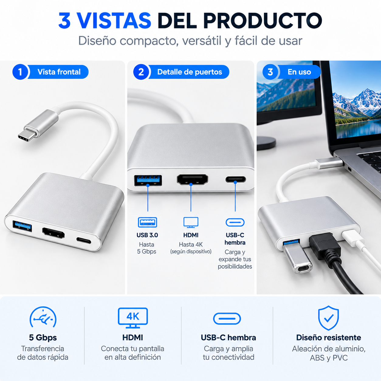 Adaptador 3 en 1 Tipo C, USB 3.0 y HDMI 4K para MacBook - Imagen 3